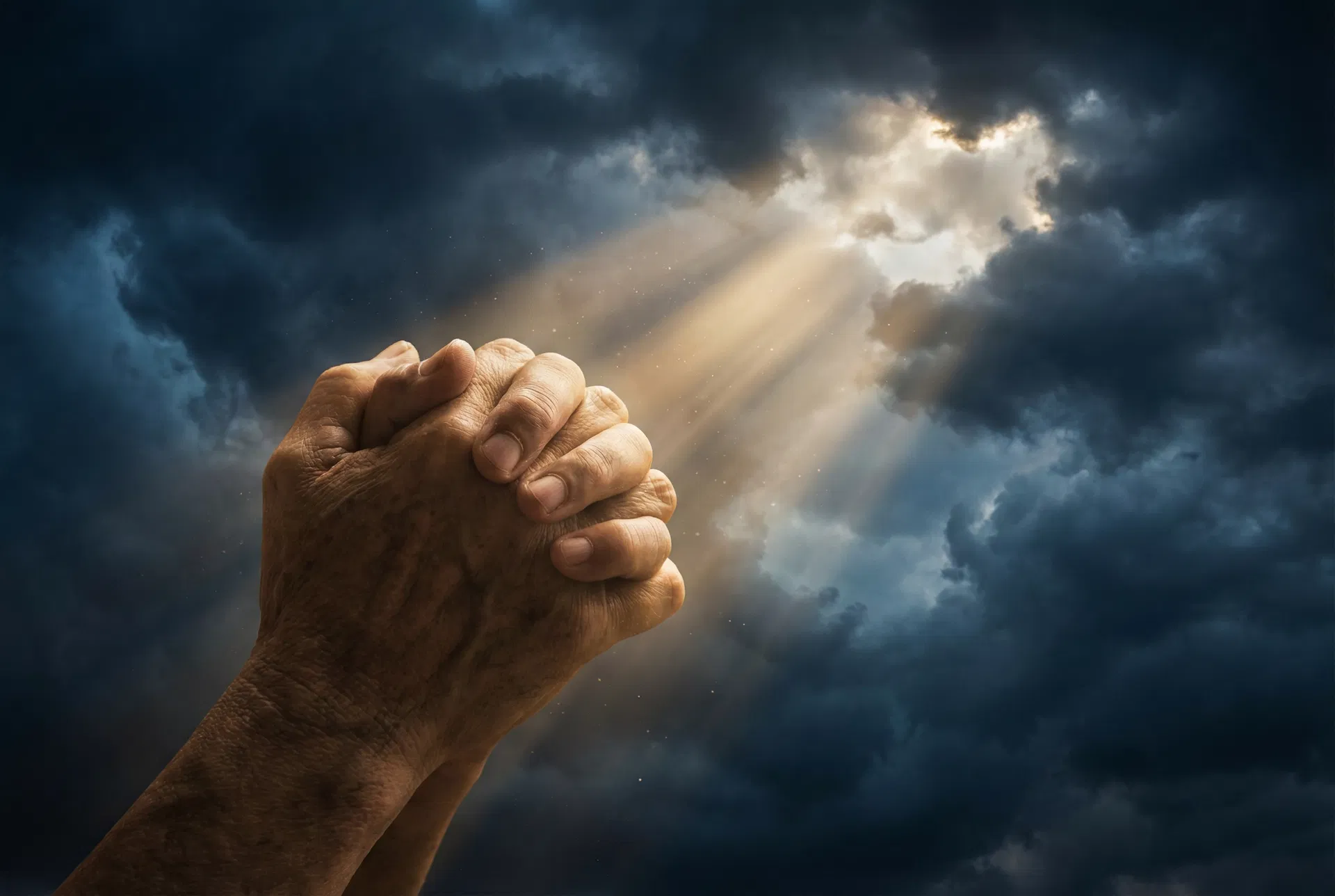 A single candle burning in a dark room, held in cupped hands