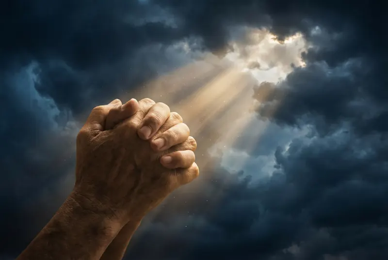 Folded hands raised in prayer as light breaks through a stormy sky