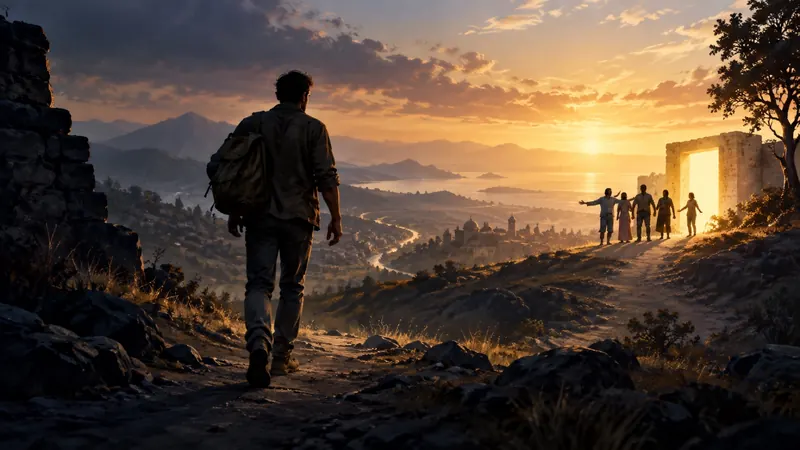 A traveller walking a mountain path toward a glowing gateway at sunset