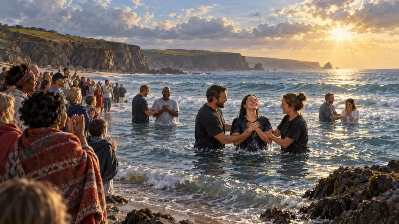 People being baptised in the sea at sunrise as others watch from the rocky shore